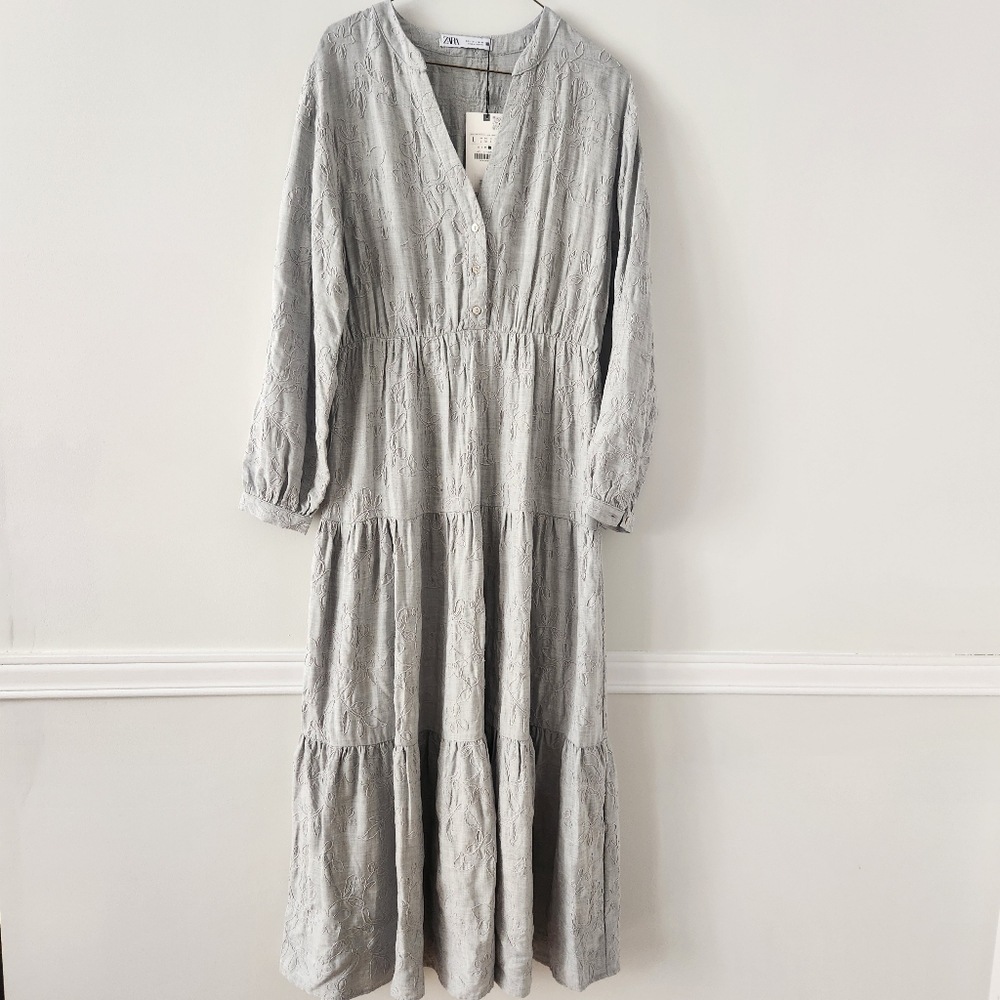 Zara Gray Tiered Smocked Dress with Bishop Sleeves
